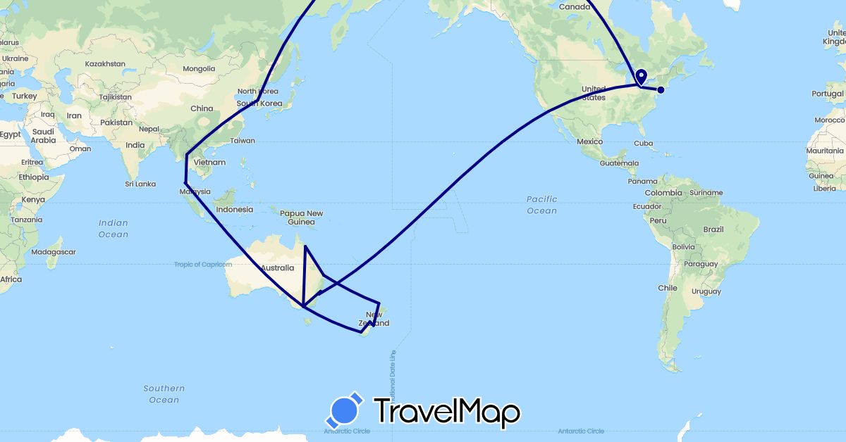 TravelMap itinerary: driving in Australia, South Korea, New Zealand, Thailand, United States (Asia, North America, Oceania)